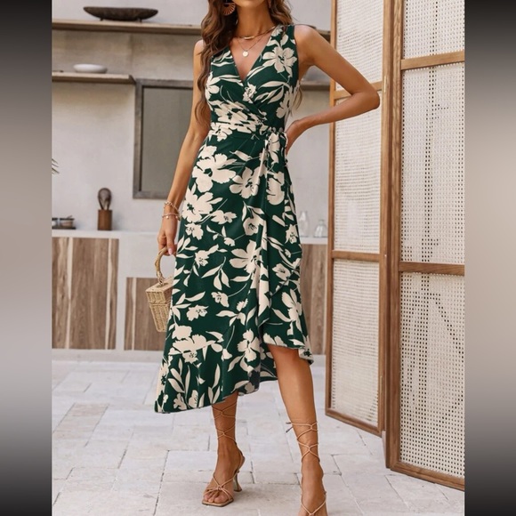 Boho floral print ruffle trim wrap knot dress - Picture 4 of 6